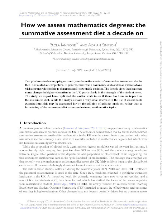 How we assess mathematics degrees: the summative assessment diet a decade on Thumbnail