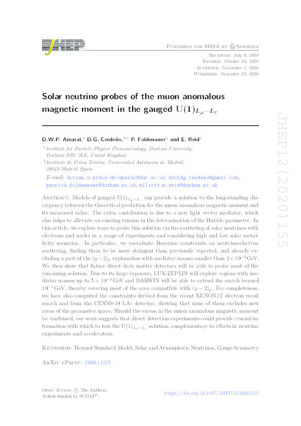D Solar neutrino probes of the muon anomalous magnetic moment in the gauged U(1) L-mu-L-tau Thumbnail