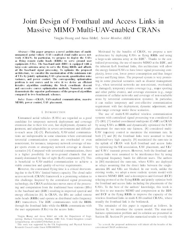 Joint Design of Fronthaul and Access Links in Massive MIMO Multi-UAV-enabled CRANs Thumbnail