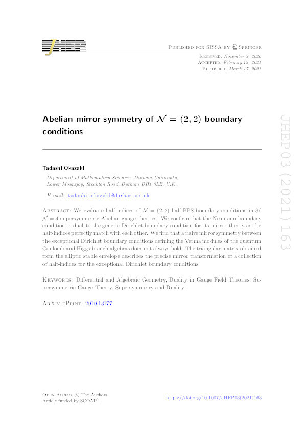 Abelian mirror symmetry of $$ \mathcal{N} $$ = (2, 2) boundary conditions Thumbnail
