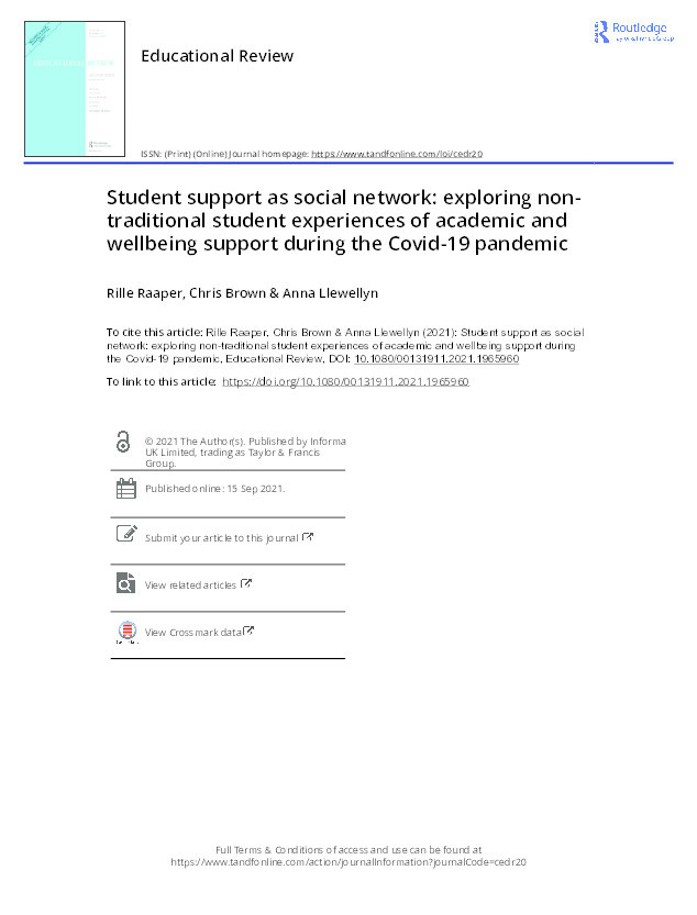 Student support as social network: Exploring non-traditional student experiences of academic and wellbeing support during the Covid-19 pandemic Thumbnail