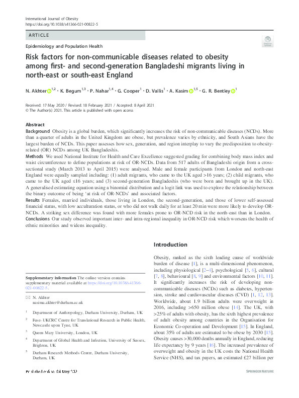 Risk factors for Non-Communicable Diseases Related to Obesity among First- and Second-Generation Bangladeshi Migrants Living in North-east or South-east England Thumbnail