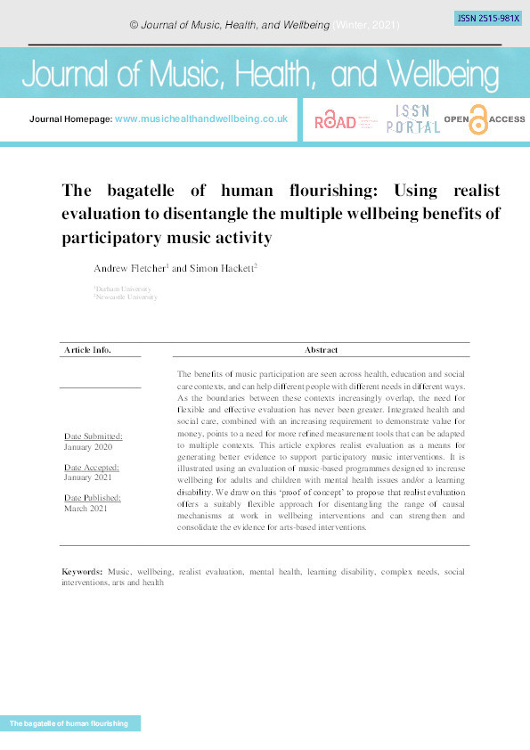 The bagatelle of human flourishing: Using realist evaluation to disentangle the multiple wellbeing benefits of participatory music activity Thumbnail