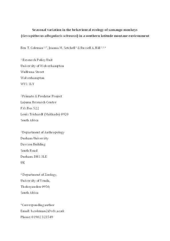 Seasonal variation in the behavioural ecology of samango monkeys (Cercopithecus albogularis schwarzi) in a southern latitude montane environment Thumbnail