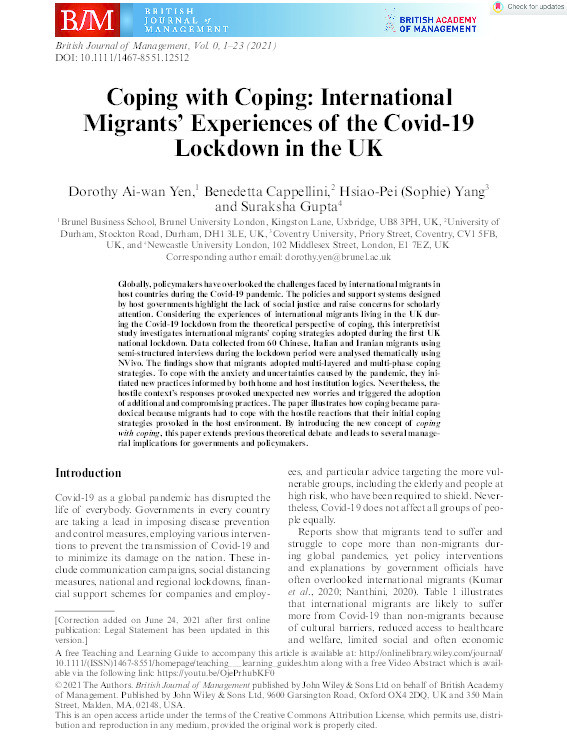 Coping with Coping: International migrants’ experiences of the Covid-19 lockdown in the UK Thumbnail