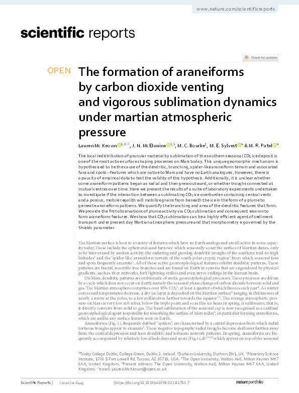 The formation of araneiforms by carbon dioxide venting and vigorous sublimation dynamics under martian atmospheric pressure Thumbnail