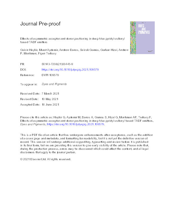 Effects of asymmetric acceptor and donor positioning in deep blue pyridyl-sulfonyl based TADF emitters Thumbnail