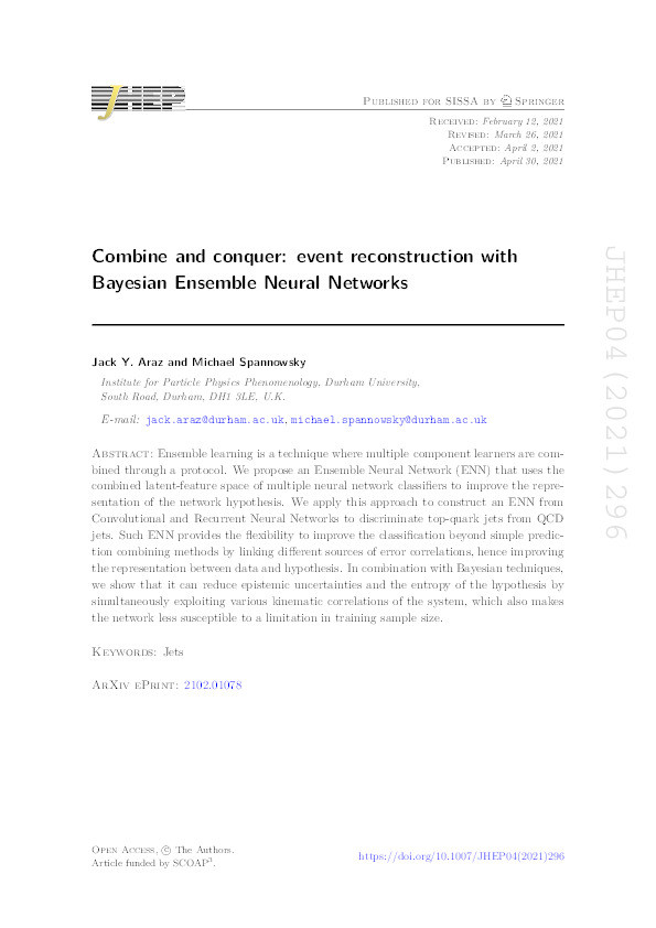 Combine and conquer: event reconstruction with Bayesian Ensemble Neural Networks Thumbnail