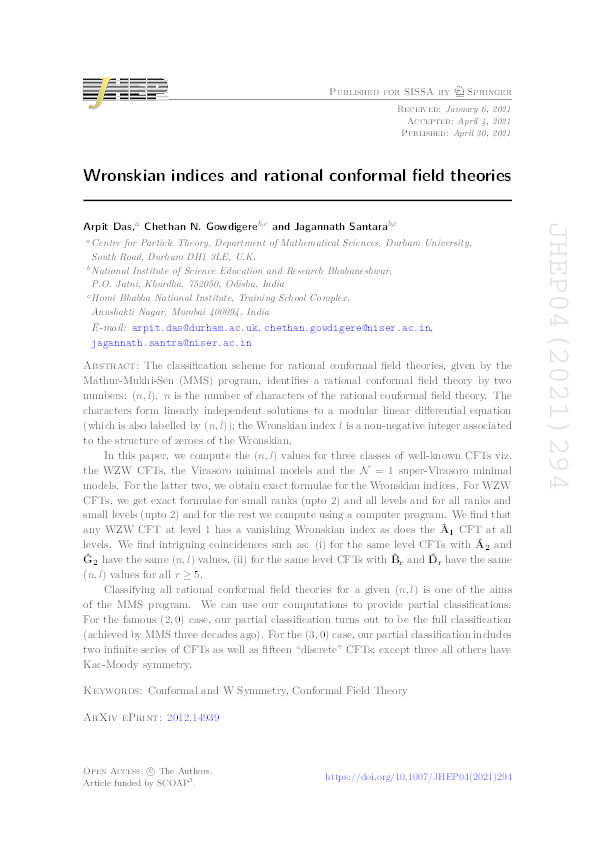 Wronskian indices and rational conformal field theories Thumbnail