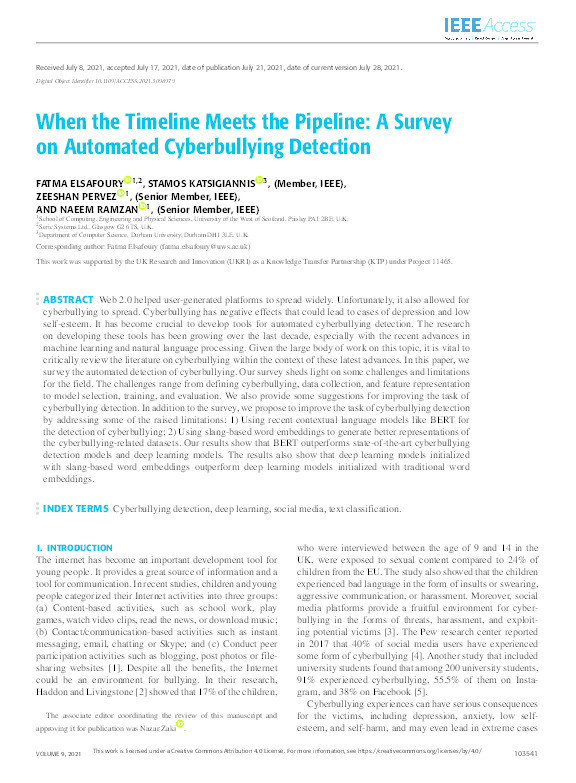 When the timeline meets the pipeline: A survey on automated cyberbullying detection Thumbnail