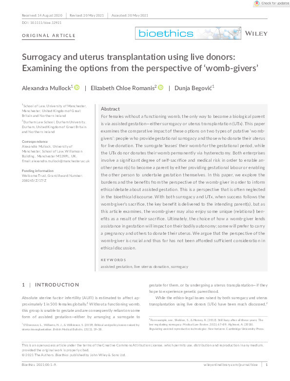 Surrogacy and uterus transplantation using live donors: Examining the options from the perspective of ‘womb‐givers’ Thumbnail
