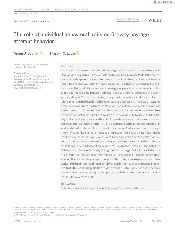 The role of individual behavioral traits on fishway passage attempt behavior Thumbnail