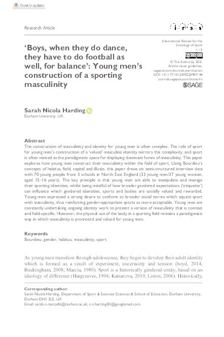 ‘Boys, when they do dance, they have to do football as well, for balance’: Young men’s construction of a sporting masculinity Thumbnail