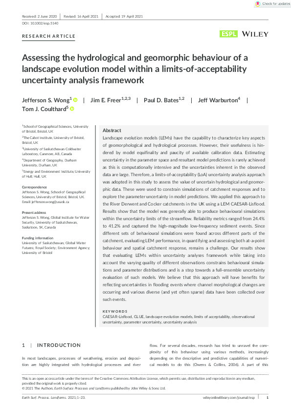 Assessing the hydrological and geomorphic behaviour of a landscape evolution model within a limits‐of‐acceptability uncertainty analysis framework Thumbnail