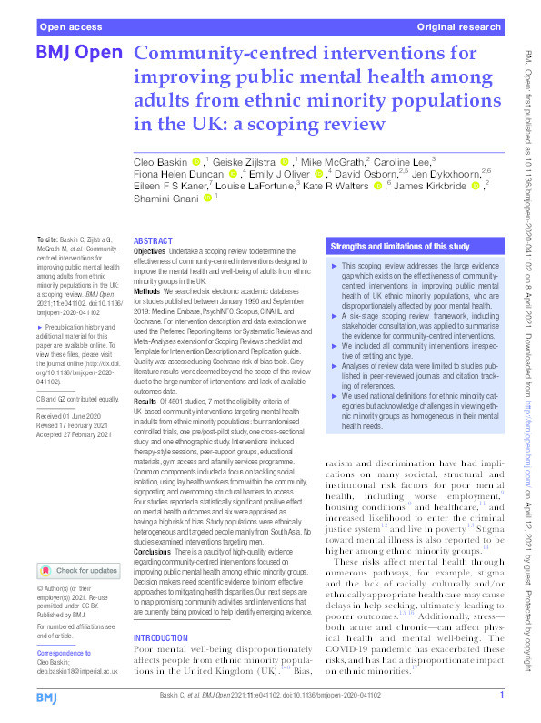 Community-centred interventions for improving public mental health among adults from ethnic minority populations in the UK: a scoping review Thumbnail