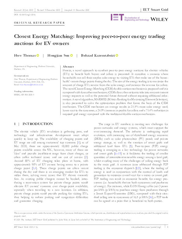 Closest Energy Matching: Improving peer‐to‐peer energy trading auctions for EV owners Thumbnail