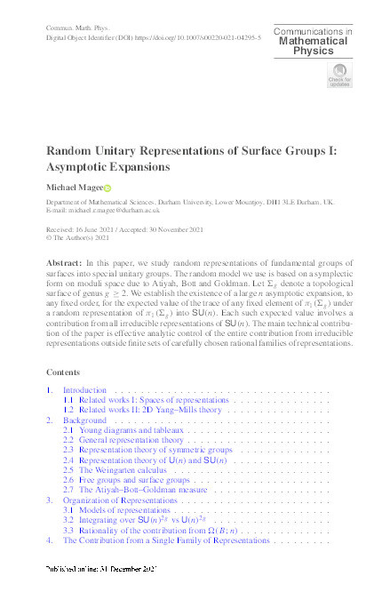 Random Unitary Representations of Surface Groups I: Asymptotic expansions Thumbnail