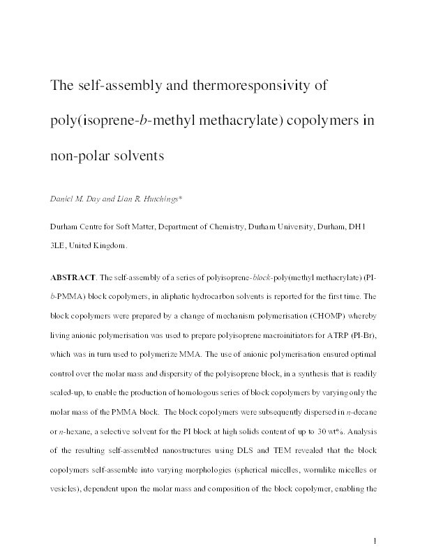 The self-assembly and thermoresponsivity of poly(isoprene-b-methyl methacrylate) copolymers in non-polar solvents Thumbnail