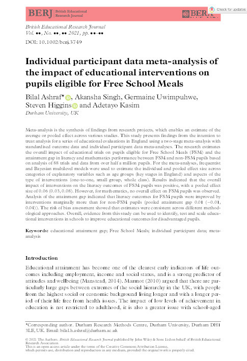 Individual Participant Data Meta-analysis of the Impact of Educational Interventions on Pupils Eligible for Free School Meals Thumbnail
