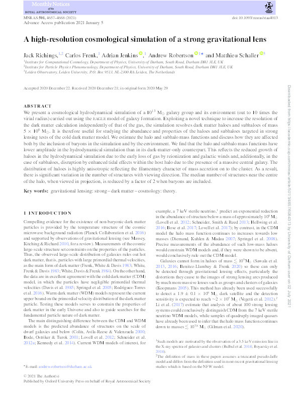 A high-resolution cosmological simulation of a strong gravitational lens Thumbnail