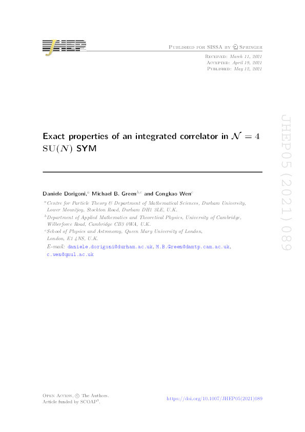 Exact properties of an integrated correlator in $$ \mathcal{N} $$ = 4 SU(N) SYM Thumbnail