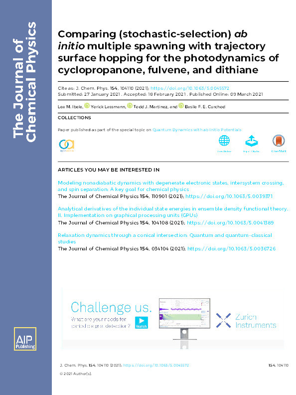 Comparing (stochastic-selection) ab initio multiple spawning with trajectory surface hopping for the photodynamics of cyclopropanone, fulvene, and dithiane Thumbnail