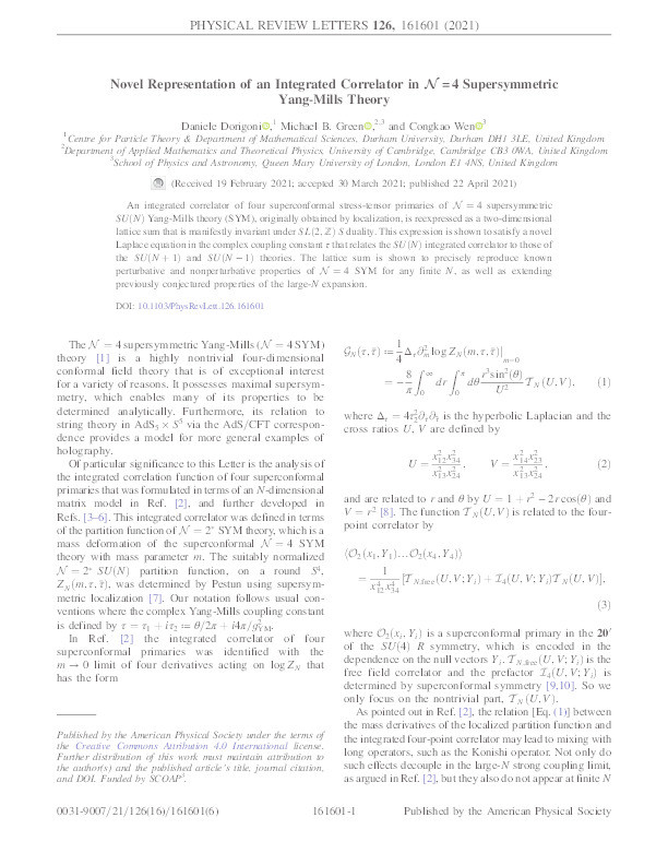 Novel Representation of an Integrated Correlator in N=4 Supersymmetric Yang-Mills Theory Thumbnail
