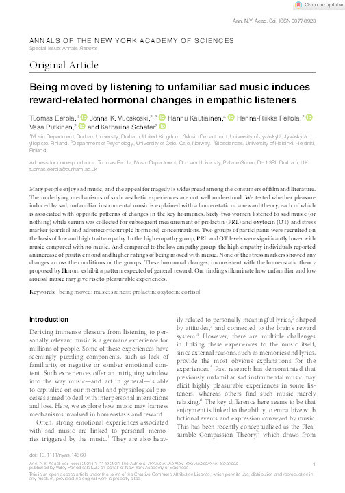 Being moved by listening to unfamiliar sad music induces reward-related hormonal changes in empathic listeners Thumbnail