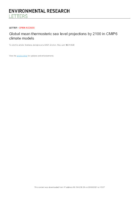Global mean thermosteric sea level projections by 2100 in CMIP6 climate models Thumbnail