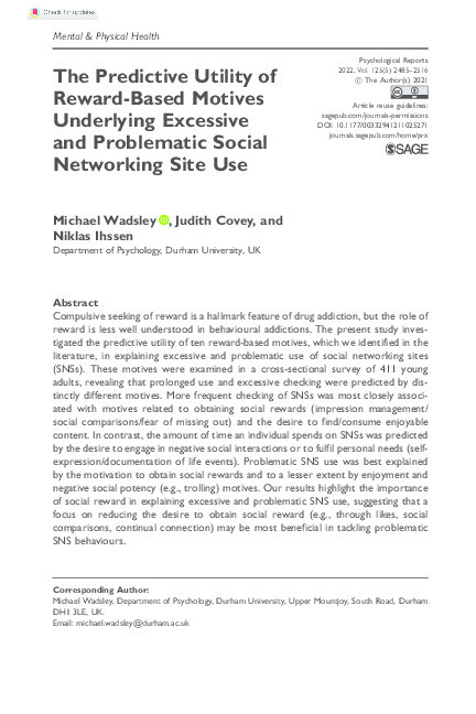 The Predictive Utility of Reward-Based Motives Underlying Excessive and Problematic Social Networking Site Use Thumbnail