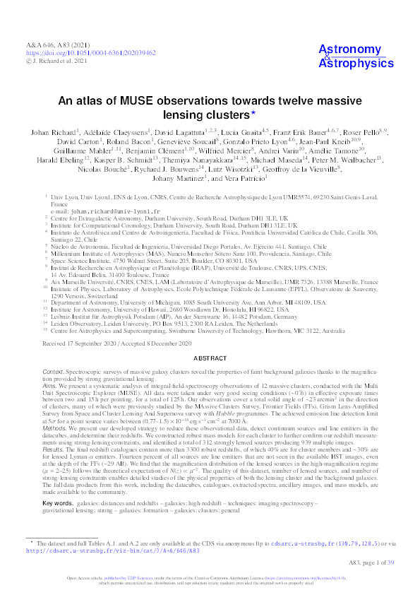 An atlas of MUSE observations towards twelve massive lensing clusters Thumbnail