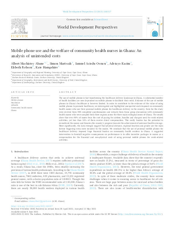 Mobile phone use and the welfare of community health nurses in Ghana: An analysis of unintended costs Thumbnail