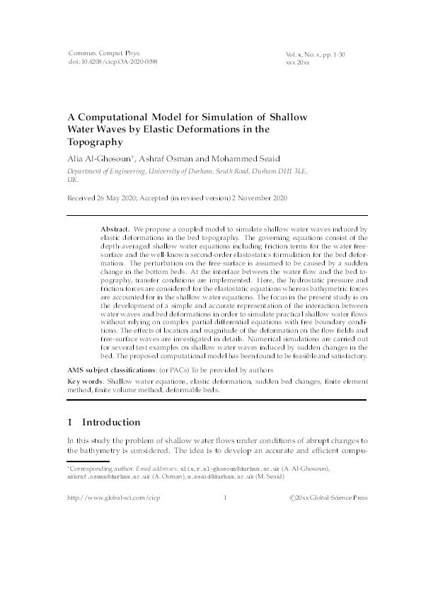 A Computational Model for Simulation of Shallow Water Waves by Elastic Deformations in the Topography Thumbnail