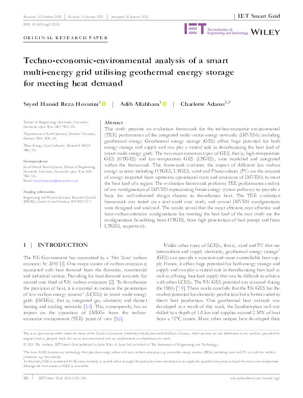 Techno‐economic‐environmental analysis of a smart multi‐energy grid utilising geothermal energy storage for meeting heat demand Thumbnail
