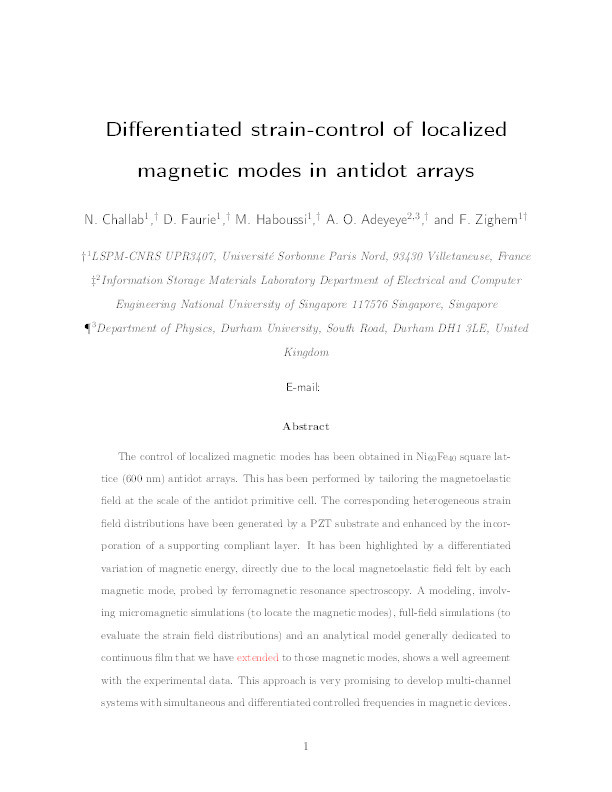 Differentiated Strain-Control of Localized Magnetic Modes in Antidot Arrays Thumbnail