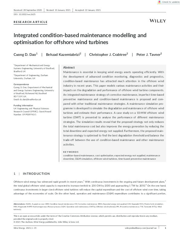 Integrated condition-based maintenance modelling and optimisation for offshore wind farms Thumbnail