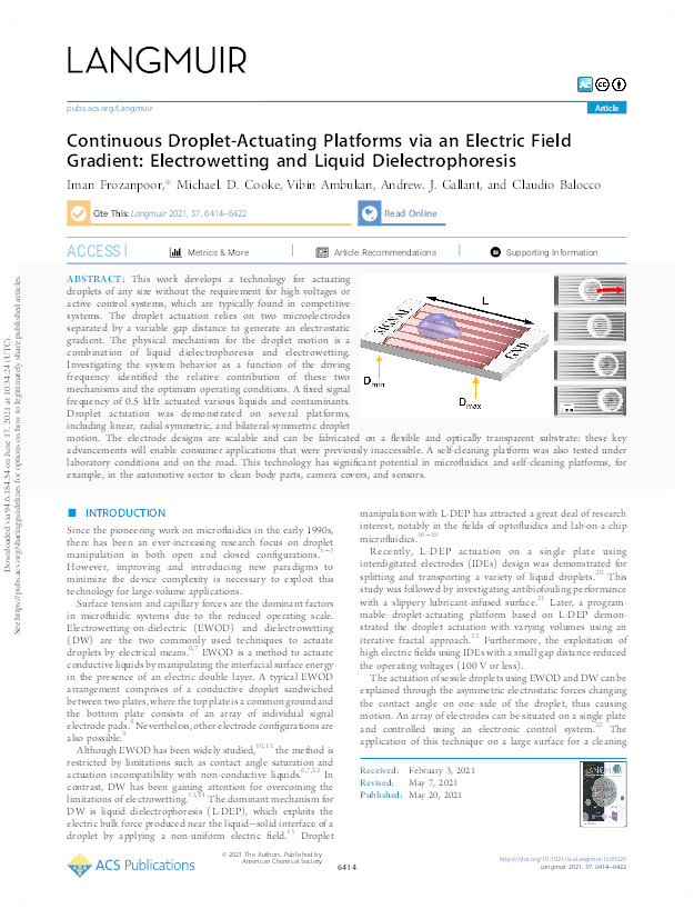 Continuous Droplet-Actuating Platforms via an Electric Field Gradient: Electrowetting and Liquid Dielectrophoresis Thumbnail