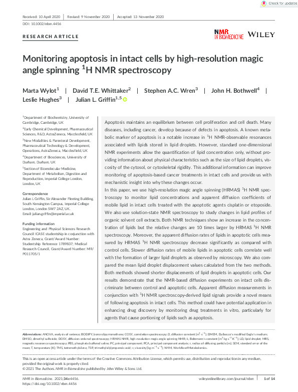 Monitoring apoptosis in intact cells by high‐resolution magic angle spinning 1 H NMR spectroscopy Thumbnail