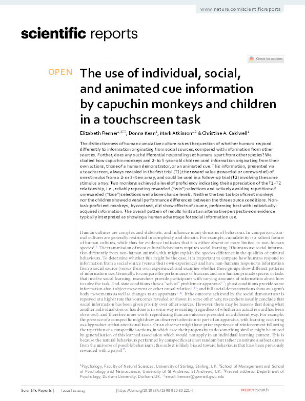 The use of individual, social, and animated cue information by capuchin monkeys and children in a touchscreen task Thumbnail