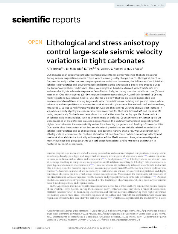 Lithological and stress anisotropy control large-scale seismic velocity variations in tight carbonates Thumbnail