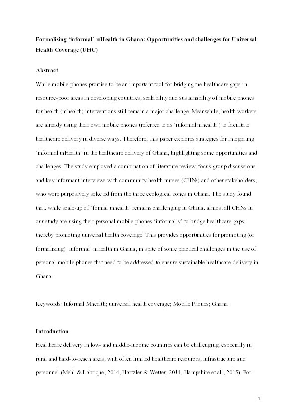 Formalising ‘informal’ mHealth in Ghana: Opportunities and challenges for Universal Health Coverage (UHC) Thumbnail