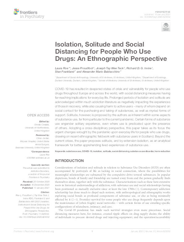 Isolation, solitude and social distancing for people who use drugs: An ethnographic perspective Thumbnail