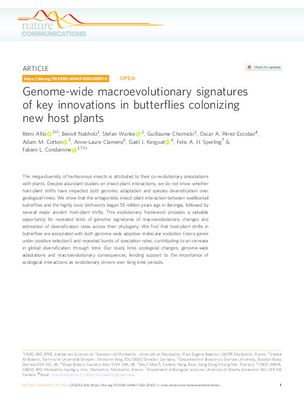 Genome-wide macroevolutionary signatures of key innovations in butterflies colonizing new host plants Thumbnail