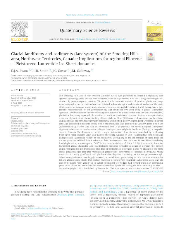 Glacial landforms and sediments (landsystem) of the Smoking Hills area, NWT, Canada: implications for regional Pliocene-Pleistocene Laurentide Ice Sheet dynamics Thumbnail