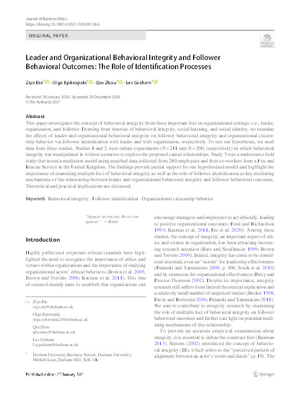 Leader and Organizational Behavioral Integrity and Follower Behavioral Outcomes: The Role of Identification Processes Thumbnail