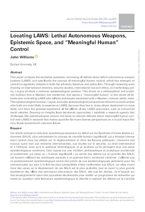 Locating LAWS: Lethal Autonomous Weapons, Epistemic Space and 'Meaningful Human' Control Thumbnail