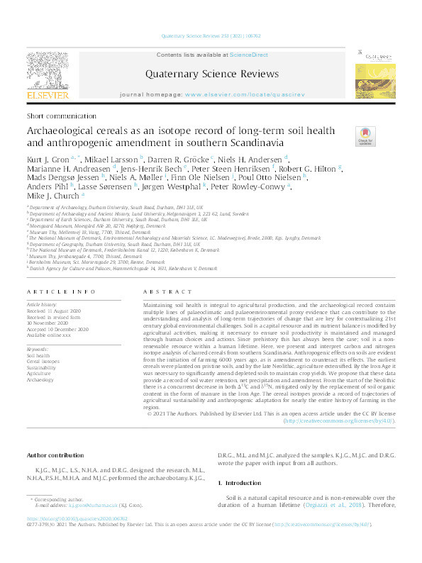 Archaeological cereals as an isotope record of long-term soil health and anthropogenic amendment in southern Scandinavia Thumbnail