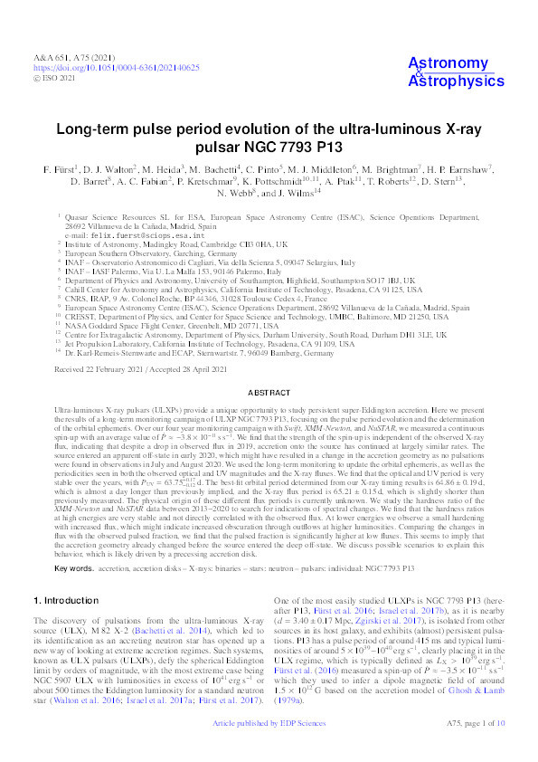 Long-term pulse period evolution of the ultra-luminous X-ray pulsar NGC 7793 P13 Thumbnail