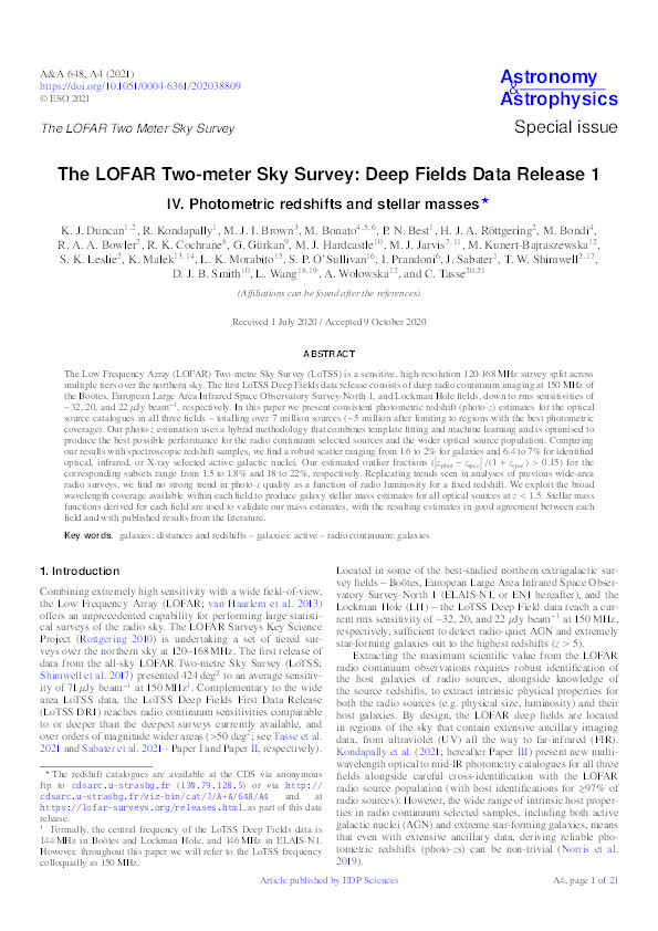 The LOFAR Two-metre Sky Survey Deep Fields -- Data Release 1: IV. Photometric redshifts and stellar masses Thumbnail
