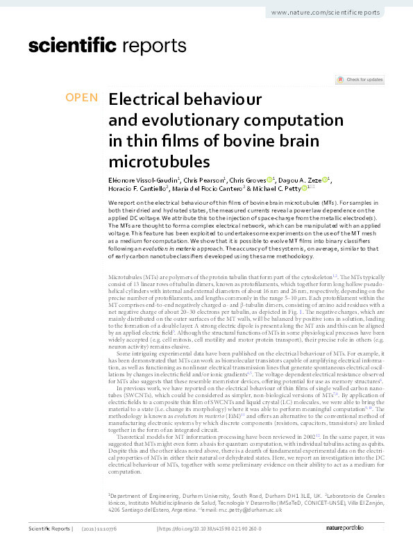 Electrical behaviour and evolutionary computation in thin films of bovine brain microtubules Thumbnail